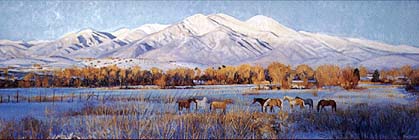 Winters Majesty, oil painting. Taos Sacred Mountain in Winter with horses in foreground 18K