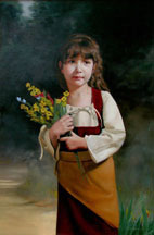 First Bouquet, an oil painting of a little girl with an armful of flowers