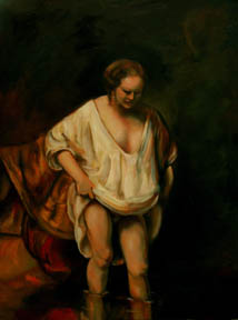 Wading Woman, an oil painting by Rembrandt, reproduced by Thomas Baker