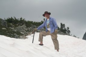 Crossing snowfield in flip flops