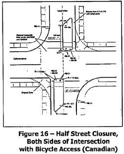 half street closure, both sides of intersection with bicycle access